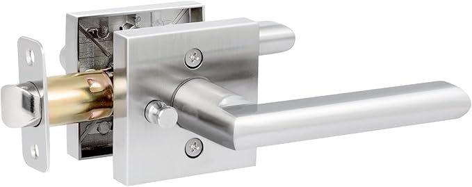 HOSOM Privacy Door Handles for Bedroom and Bathroom, Door Handle Interior Door Levers Keyless Reversible Square Door Locks, Satin Nickel, 1 Pack