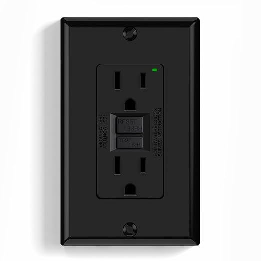 ELEGRP GFCI Outlet 15 Amp, Self-Test GFI Electrical Outlet with Narrow Design, GFCI Receptacle with LED Indicator, UL Listed, Black, Wall Plate Included, 1 Pack