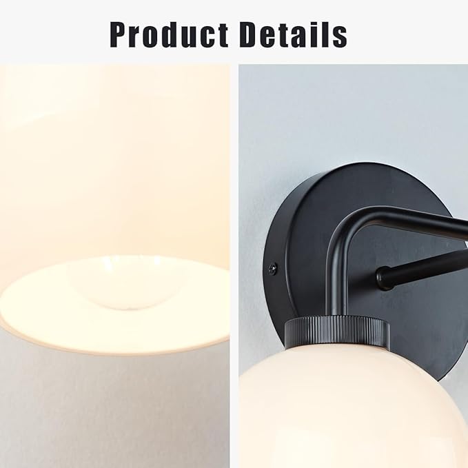 Minimalist Matte Black Metal Finish Glass Globe Double Wall Sconce, 17 Inch Hand-Polished Vanity Light with Milky Glass Shade Over Mirror, Wall Light for Hallway, Bathroom (Milk Glass-Matte Black)