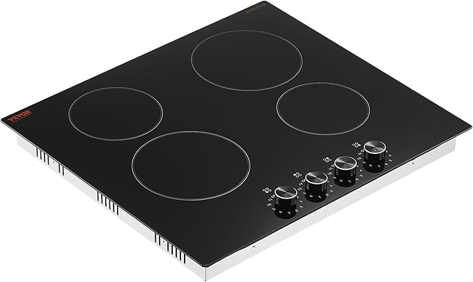 VEVOR Electric Ceramic Cooktop, Built-in Electric Stove Top, with Glass Panel, Knob Control, 11 Heat Levels, for Diverse Cooking Requirements (24inch-4burners/220V)