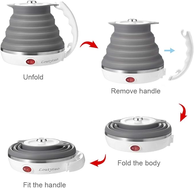 110V 555ML Ultrathin Travel Foldable Electric Kettle with Separable Power Cord and Handle, Boil Dry Protection, Food Grade Silicone