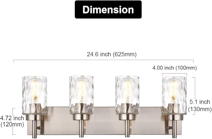 BONLICHT Bathroom Vanity Light Fixtures Brushed Nickel 4-Light with Clear Water Glass Shade Contemporary Wall Sconces Farmhouse Bathroom Lighting Wall Mount Lamp for Living Room Bedroom Bar Office