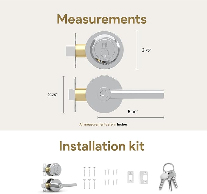 Mega Handles Ronn Entrance Combo, Entry Lever Door Handle and Single Cylinder Deadbolt Lock and Key Pack, Heavy Duty Round Locking Door Levers Set for Left or Right-Handed Doors - Polished Chrome