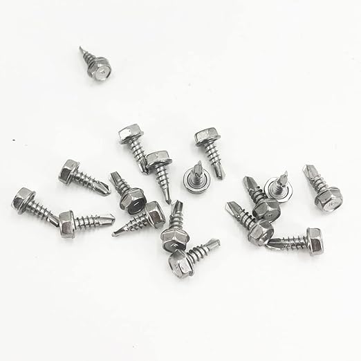 QSJ 300PCS #8 x 1/2'' Sheet Metal Screws 410 Stainless Steel Hex Washer Head Fast Self Tapping Screws with Screwdriver Bit Silver