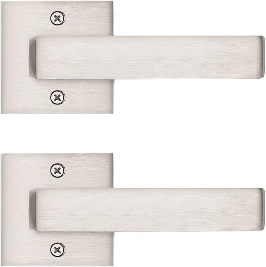 2 Pack Dummy Door Handles Brushed Nickel for Left Hand and Right Hand, Mordern Square Closet Hallway Door Knobs, Non-Turning Single Side Pull
