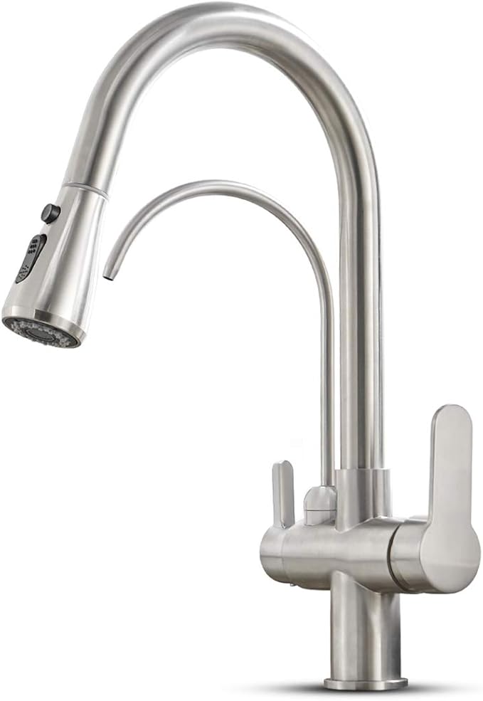 MENATT Filter Kitchen Faucet with Drinking Water Faucet, High Arc Pull Down 3-Way Kitchen Faucet, 3 in 1 Sink Cold and Hot Mixer Tap (Brushed Nickel)