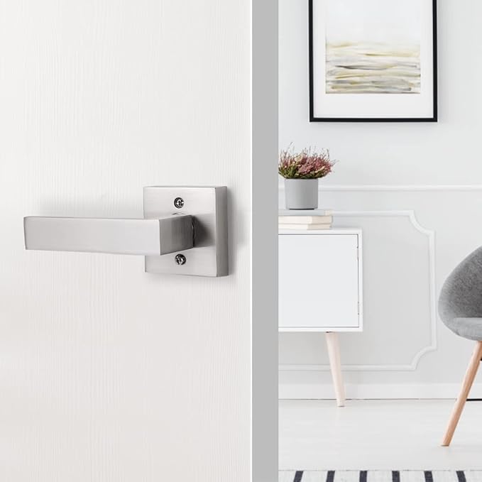 Gobrico Square No-Turning Single Side Door Handles for Closet French Door Satin Nickel Half-Dummy Levers Decorative Door Hardware 5 Pack