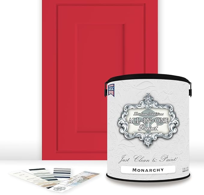 ALL-IN-ONE Paint, Durable cabinet and furniture paint. Built in primer and top coat, no sanding needed. Includes our 30 featured color card - Monarchy (primary red), Gallon