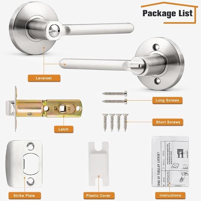 Probrico Interior Brushed Nickel Door Handle, Slim Handed Privacy Door Handles, Keyless Door Levers Lockset for Bedroom and Bathroom (8 Pack, Modern)