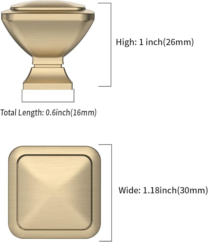 10 Pack 1.2 Inch Brushed Brass Square Kitchen Cabinet Knobs - Gold Drawer Knobs for Cabinets