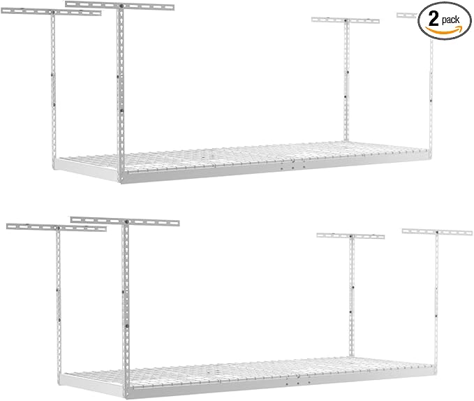 MonsterRax Overhead Garage Storage Racks 3x8’ (2-Pack) Ceiling Mounted Shelving, Adjustable Hanging Organizer, Heavy Duty Steel, Holds 500 Pounds, Color: White, Adjustable from 24"-45" off the Ceiling