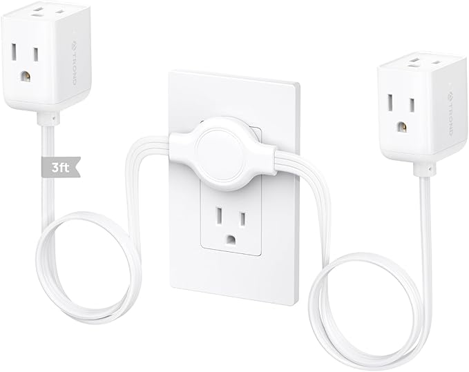 TROND Split Extension Cord Power Strip, Twin 3ft on Each Side, Low-Profile Flat Plug, Dual 3 Grounded Outlet Extender Cubes, 13 Amps, 16 Gauge Wire, for Behind TV Stand Sofa Headboard, Indoor, White
