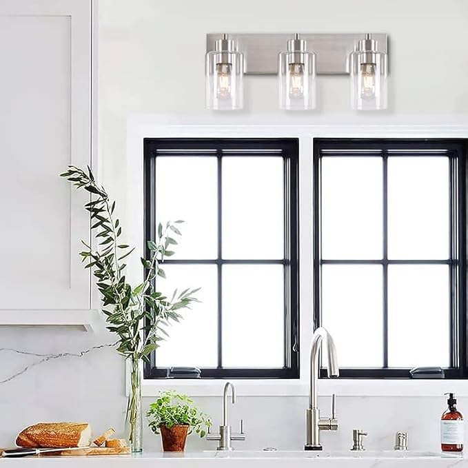 3-Light Bathroom Vanity Light Fixtures,Modern Wall Sconces,Bathroom Lights Over Mirror,Wall Mounted Lamp for Kitchen Living Room Bedroom Hallway,Brushed Nickel Finish with Clear Glass Shade