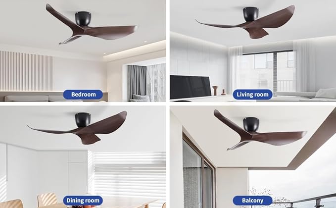 52-Inch Black Ceiling Fan Without Light, Modern Low-Profile Flush Mount Fan with Remote, 6-Speed Reversible Quiet DC Motor,for Patio, Living Room, Bedroom (No Light)