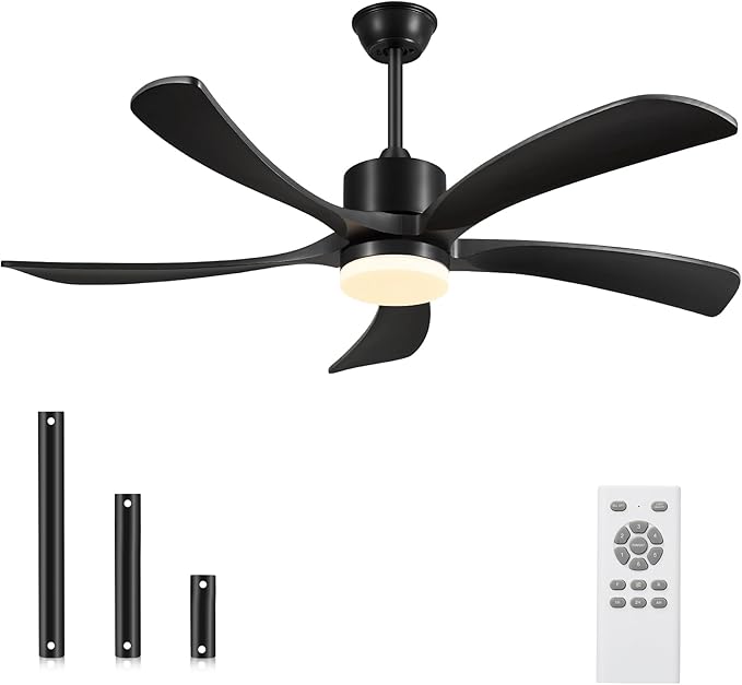 52 Inch Ceiling Fans with Lights Remote, Black Ceiling Fan Light Outdoor, ETL Listed, USA Original Patent, 3 Downrods, Timer, 5 Wood Blades, 6 Speeds Reversible Quiet DC Motor Fan Indoor, 52in Black