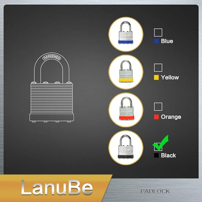 LanuBe Lock Laminated keyed Padlock (1-9/16", 40mm), keyed Alike Locks, Normal Shackle,Marked Black Plastic Hoop, Pack of 24