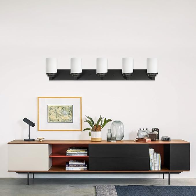 TODOLUZ 5 Light Bathroom Vanity Light Fixtures, 31-Inch Wall Sconce Lighting Over Mirror with Opal White Glass Shade, Modern Wall Mount Lamp for Kitchen