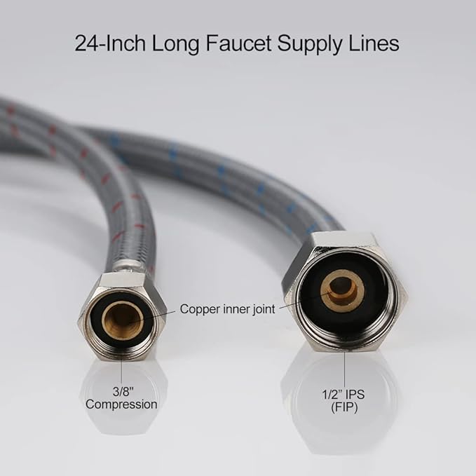 WOWOW 24 Inch Faucet Supply Hoses Bathroom Kitchen Faucet Sink Hose Braided Nylon Faucet Supply Lines Female Compression Thread 3/8" Comp x 1/2" FIP 2Pcs (1 Pair)