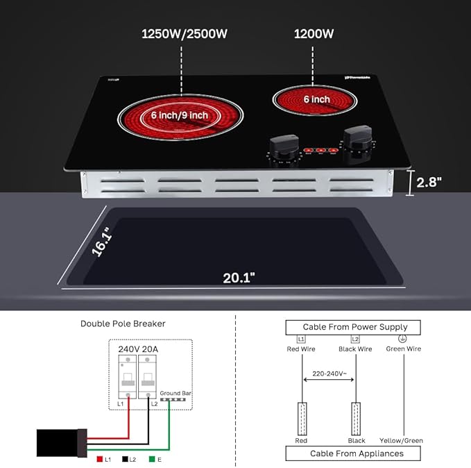 Apartment Electric Cooktop, ThermoMate 21 Inch Built-in Radiant Electric Stove Top, 3700W Ceramic Stove Top with 2 Burners, UL Certified, Knob Control, 240V
