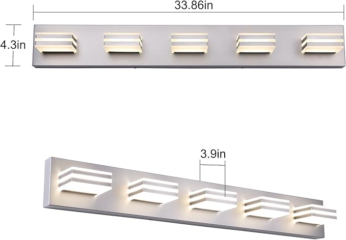 LED Wall Brushed Nickel Vanity Lights for Bathroom Light Fixtures 30W Adjust 3 Colors Modern Bath Lighing Over Mirror LED Vanity Light (5-Light,34inch)