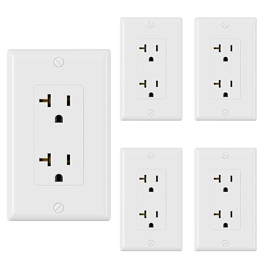 ELEGRP Glossy White Decorator Electrical Wall Outlet Receptacle, 20A 125V Standard Outlets, 2 Pole 3 Wire, Non-Tamper Resistant, NEMA 5-20R, Self-Grounding, Wall Plate Included, UL Listed, 5 Pack