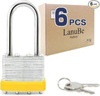 LanuBe Lock Laminated keyed Padlock (1-9/16", 40mm), keyed Alike Locks, Long Shackle,Marked Yellow Plastic Hoop, Pack of 6