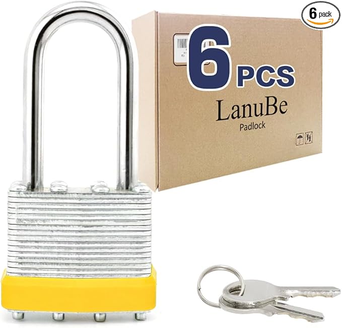 LanuBe Lock Laminated keyed Padlock (1-9/16", 40mm), keyed Alike Locks, Long Shackle,Marked Yellow Plastic Hoop, Pack of 6