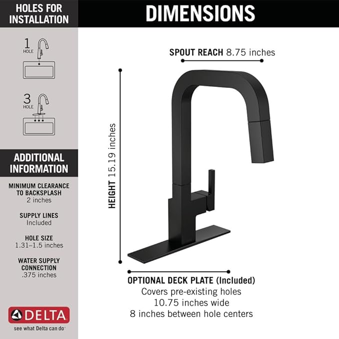 Delta Junction Matte Black Kitchen Faucet with Pull Down Sprayer, Modern Single Hole Kitchen Sink Faucet, Single Handle, Matte Black 19825LF-BL