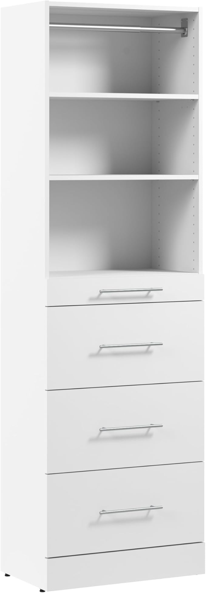 Bestar 25W x 16D Modular Closet Organizer System Tower, Reach-in Closet or Walk-in with Shelves and 4 Drawers, Slab Style, Florence Collection, White