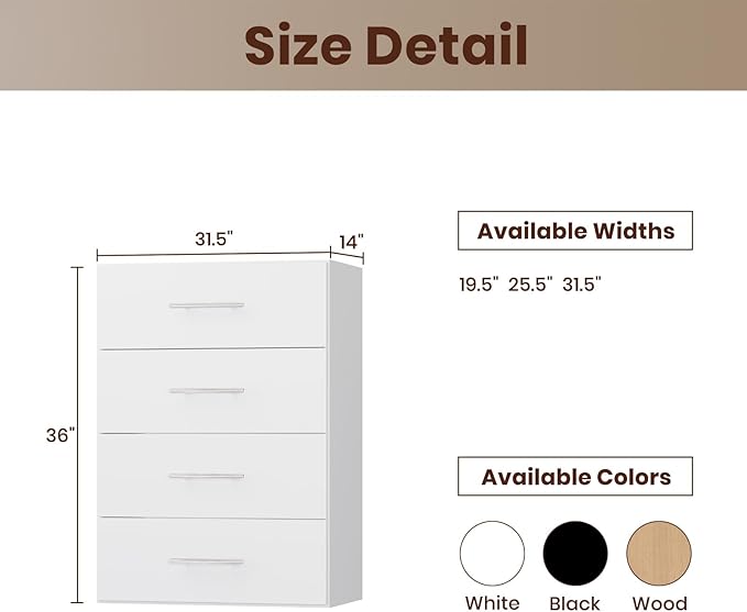 ROOMTEC 31.5" 4 Drawer Short Tower Closet Unit, Modular Closet System with Drawers and Shelf, Wardrobe Organizer for Bedroom or Walk-in Closet, Wall Mounted, Customizable Clothes Storage Unit, White