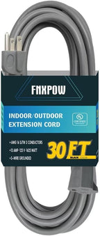 Indoor Outdoor Extension Cord 30 FT Waterproof, 16/3 Gauge Heavy Duty Gray Extension Cords, 13A 1625W SJTW Extension Cord with 3 Prong Grounded Plug, Great for Tools, Lights, UL Listed.