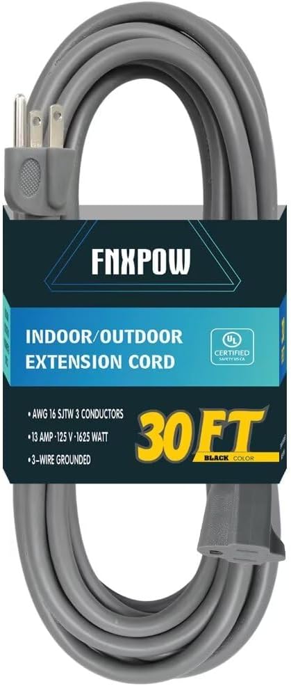 Indoor Outdoor Extension Cord 30 FT Waterproof, 16/3 Gauge Heavy Duty Gray Extension Cords, 13A 1625W SJTW Extension Cord with 3 Prong Grounded Plug, Great for Tools, Lights, UL Listed.