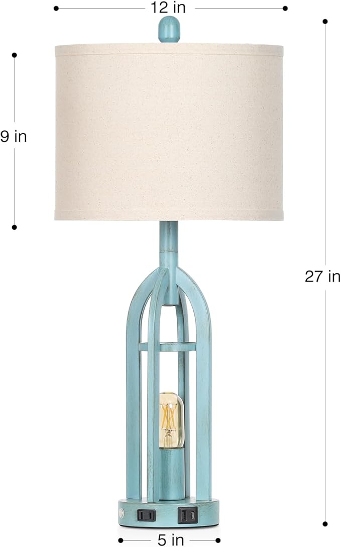 27" Industrial Farmhouse Table Lamp,Vintage Rustic Blue Beside Lamp with USB A+C Charging Ports & AC Outlet, Metal Nightstand Lamp with LED Night Light for Bedrooms (2 LED Bulbs Included)
