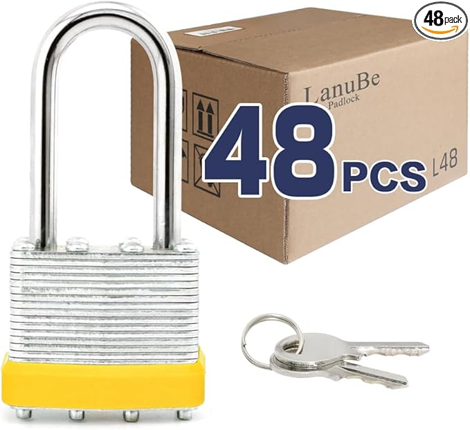 LanuBe Lock Laminated keyed Padlock (1-9/16", 40mm), keyed Alike Locks, Long Shackle,Marked Yellow Plastic Hoop, Pack of 48