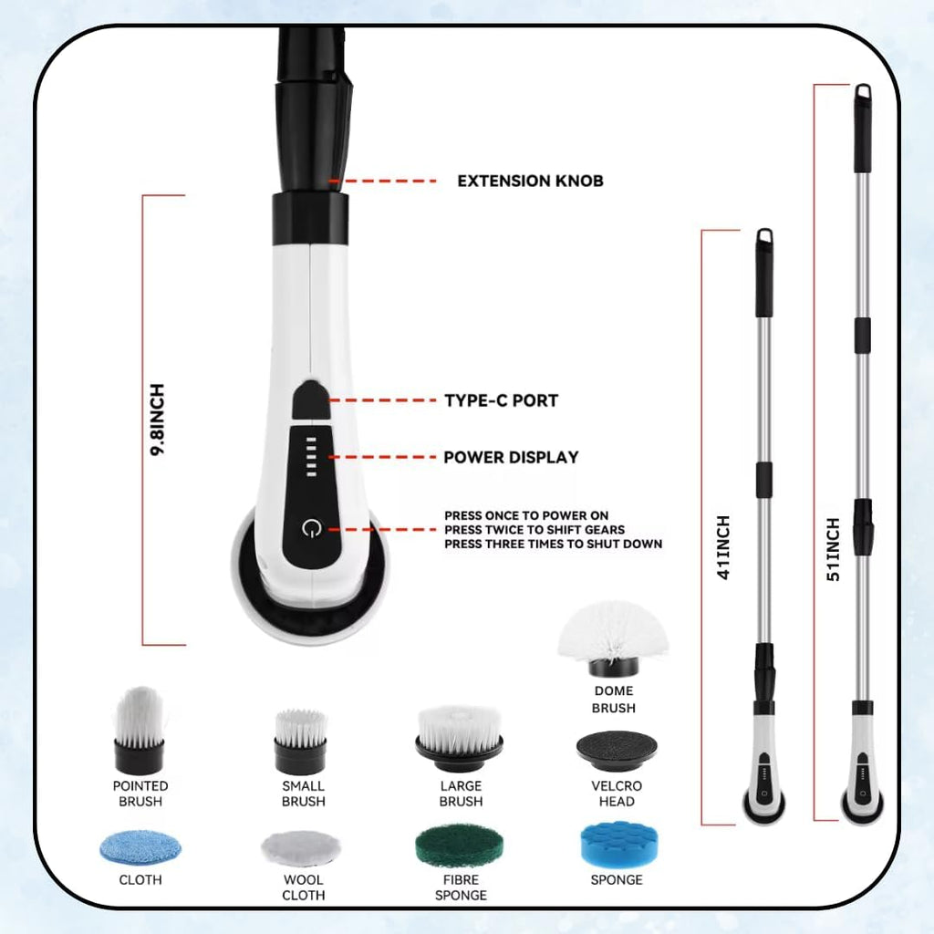 Electric Spin Scrubber, Cordless Cleaning Brush with 8 Replaceable Heads, Adjustable Handle, Dual Speed Power Scrubber for Bathroom, Bathtub, Floor, Tile, and Kitchen Cleaning