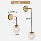 KCO Modern Glass Globe Wall Sconce Set of Two Minimalist Gold Wall Light Fixture with Adjustable Cord Brass Round Glass Wall Mounted Reading Lamp (Clear-2PC)