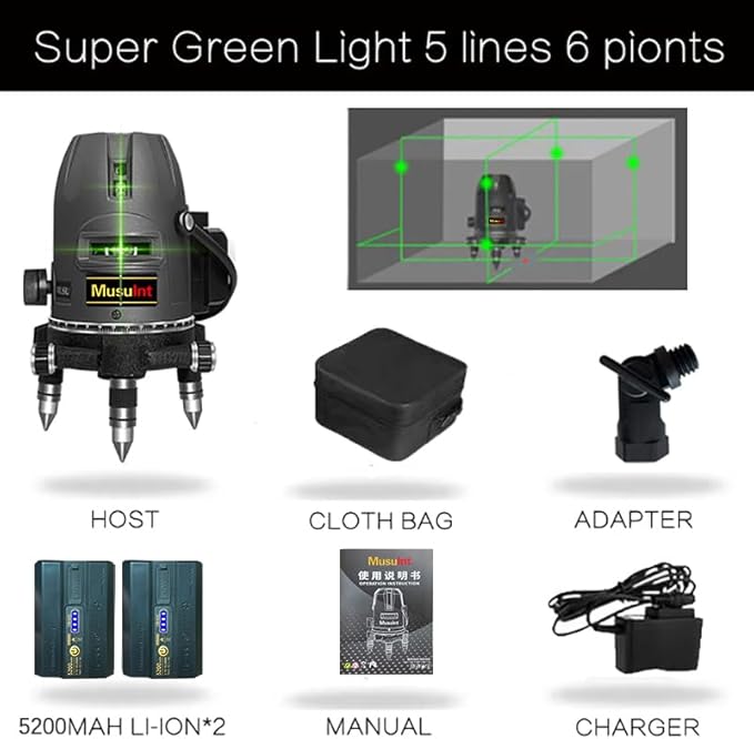 (Outdoor Super Bright) 5-Line Green Laser Level, 360 Degree Automatic Leveling Precision Level, Super Bright