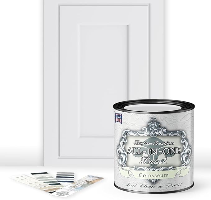 ALL-IN-ONE Paint, Durable cabinet and furniture paint. Built in primer and top coat, no sanding needed. Includes our 30 featured color card - Colosseum (white with subtle gray undertone), Quart