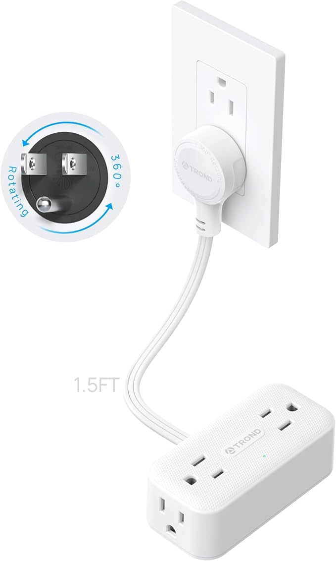 TROND 360° Rotating Plug 1.5FT Extension Cord, 4 Widely Spaced AC Outlets, Flat Plug Surge Protector, Wall Mount, Surge Protection Power Strip for Travel Kitchen Dorm Room Essentials, White