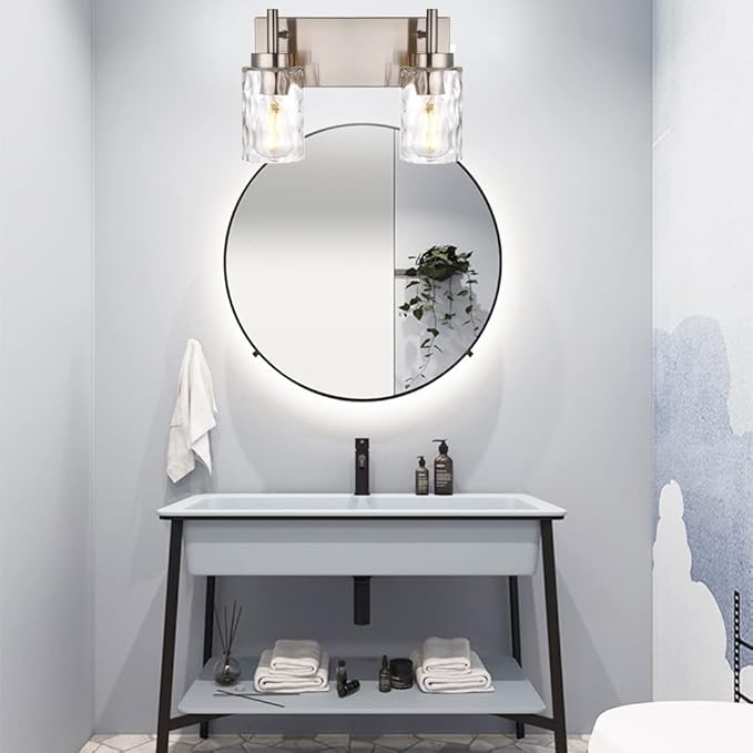 BONLICHT Bathroom Light Fixtures Modern 2 Light Brushed Nickel Vanity Light Wall Sconces Contemporary Metal Wall Lights with Clear Water Glass Shade,Industrial Farmhouse Porch Hallway Wall Mount Lamp