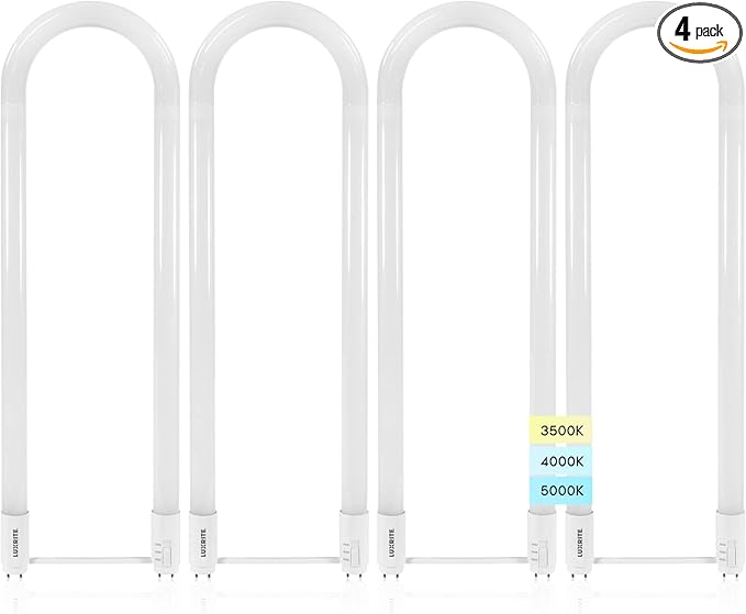 Luxrite U Bend LED Tube Light, T8 T12, 17.5W (32W Equivalent), 3 Colors 3500K | 4000K | 5000K, 2100 Lumens, Fluorescent Light Tube Replacement, Direct or Ballast Bypass, UL Certified, G13 Base, 4-Pack