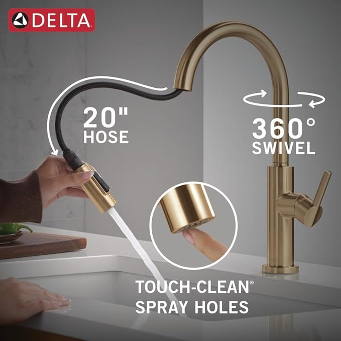 Delta Nicoli Brushed Gold Kitchen Faucet with Pull Down Sprayer, Modern Single Hole Kitchen Sink Faucet, Single Handle, Champagne Bronze 19867LF-CZ