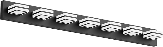 Ralbay 46inch Vanity Light Modern 7 Lights Black Bathroom Vanity Lighting Fixtures Over Long Mirror Acrylic Up and Down Matte Black Bathroom Wall Mounted Lights