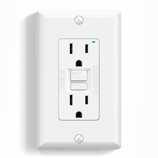 ELEGRP GFCI Outlet 15 Amp, Self-Test GFI Electrical Outlet with Narrow Design, GFCI Receptacle with LED Indicator, UL Listed, White, Wall Plate Included, 1 Pack