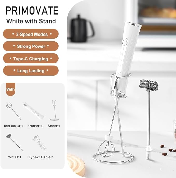 Rechargable Milk Frother, Handheld Drink Mixer with Whisk Attachment, 2025 upgraded, powerfull 3 speed motor, Type C charging with charge light, with extra egg mix head (Black with Stand)