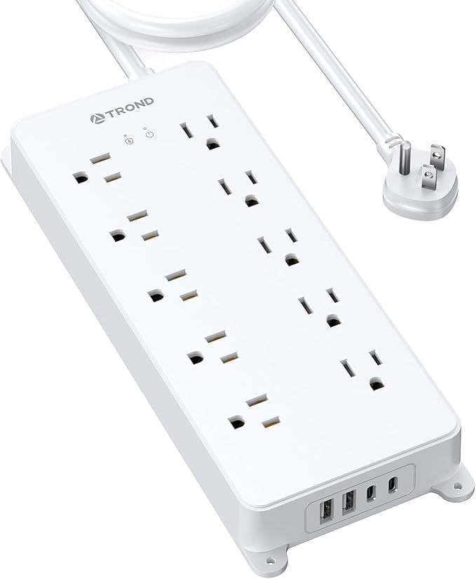 TROND Power Strip Surge Protector, 4000J, ETL Listed, 10 Widely Spaced Outlets, 2 USB A & 2 USB C Ports, Flat Plug Power Strip, 10ft Long Extension Cord, Wall Mountable, for Home Office Garage, White
