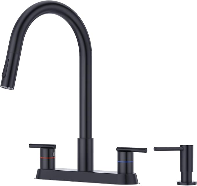 CREA Black Kitchen Faucets with Pull Down Sprayer and Soap Dispenser,Two Handles 8-Inch 4 Holes Bar Sink Faucet for RV Laundry Camper Utility Sink Brushed Nickel Stainless Steel