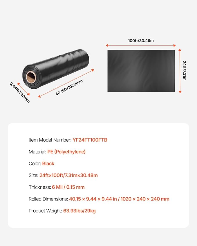 VEVOR 24' x 100' Plastic Sheeting Heavy Duty, 6 Mil Thick Plastic Sheeting Roll, Plastic Drop Cloth Painters Tarp, Polyethylene Covering for Crawl Space Vapor Barrier, Multi-Purpose, Black