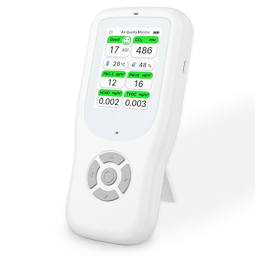 11-in-1 Air Quality Monitor - Portable Indoor Air Quality Detector with Stand, Real-Time Test for AQI, CO2, PM2.5, PM1.0, PM10, TVOC, HCHO, Particles, Temperature & Humidity with Aler (White-White)