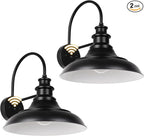 Dusk to Dawn Sensor Outdoor Barn Light Fixtures, 12.3 Inch Dome Farmhouse Outdoor Wall Sconces, Gooseneck Exterior Wall Mount Lights, Industrial Black White Wall Lanterns for Porch, DDRZ004-2 BK+WH